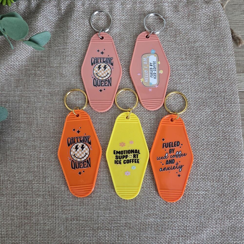 Funny Iced Coffee Motel Keychain, Caffeine Queen Car Accessories, Barista Decor